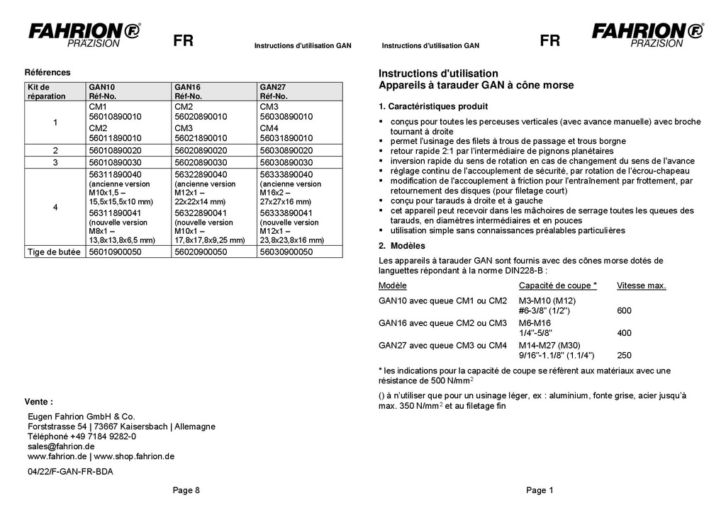 Fahrion Appareil a Tarauder GAN Utilisation 2022