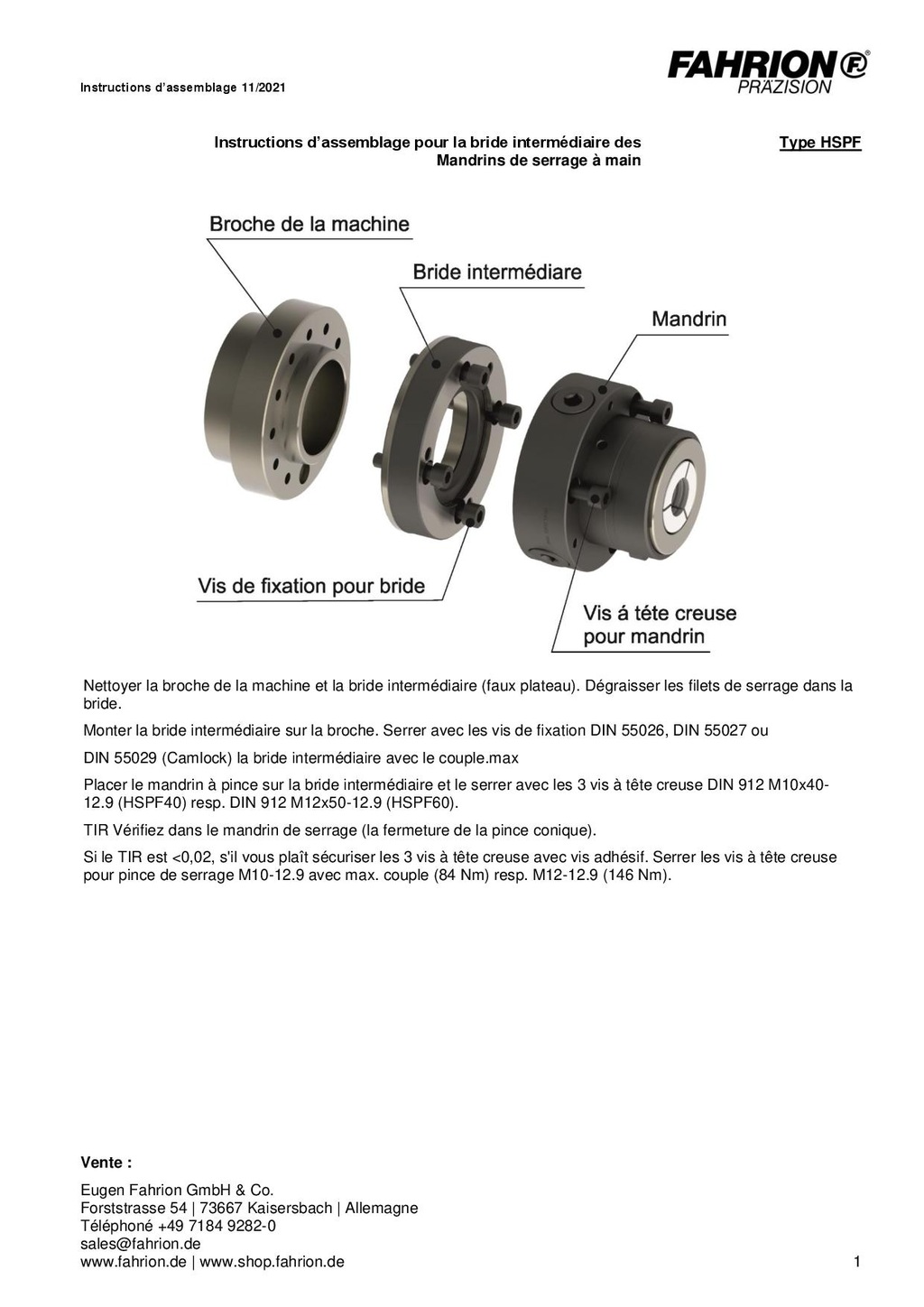 Fahrion Maindrins de serrage a main HSPF Instructions d’assemblage 2021