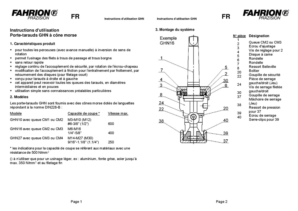 Fahrion porte taraud a cone morse GHN Utilisation 2021