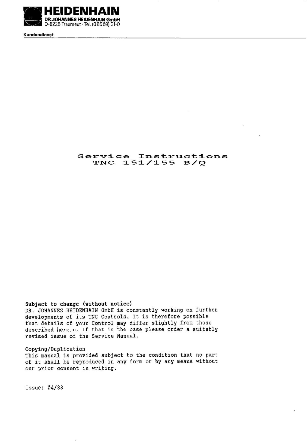 HEIDENHAIN Service instruction tnc 151 tnc 155