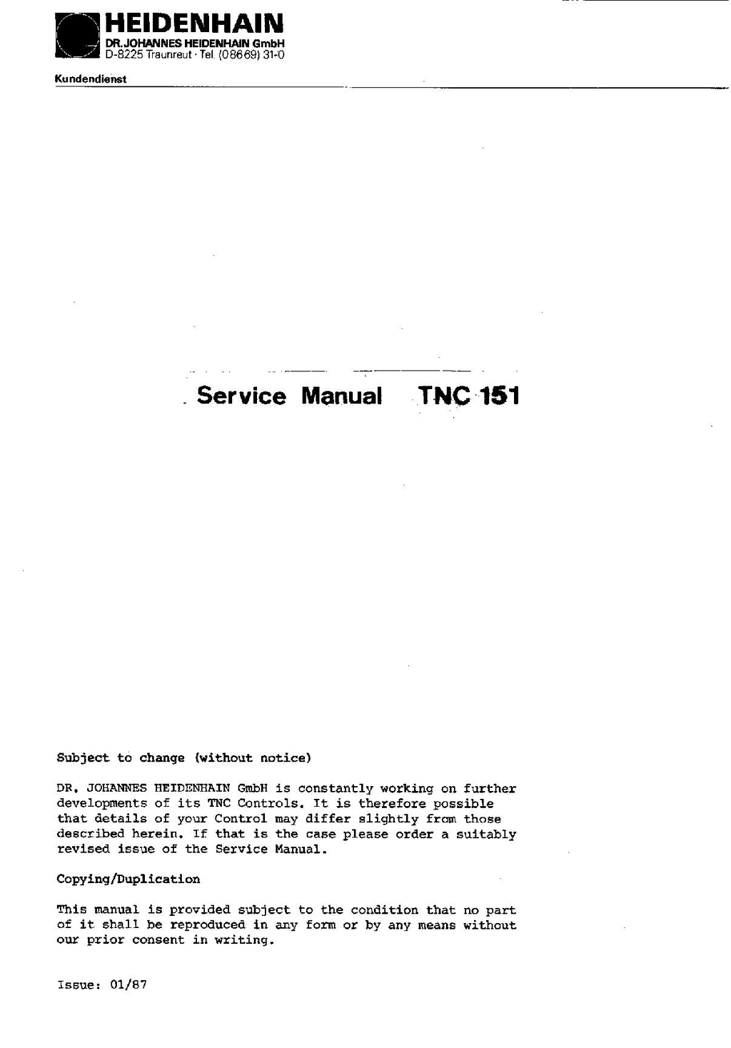 Heidenhain TNC 151 AP Service Instructions