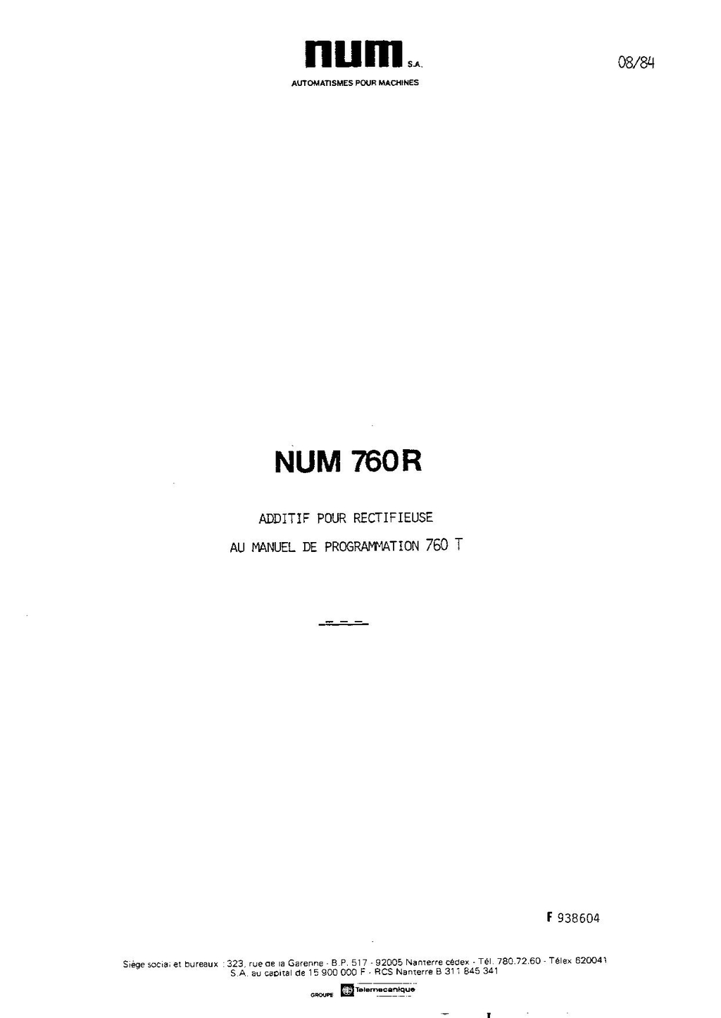 NUM 760R Additif programmation 760 T pour rectifieuse