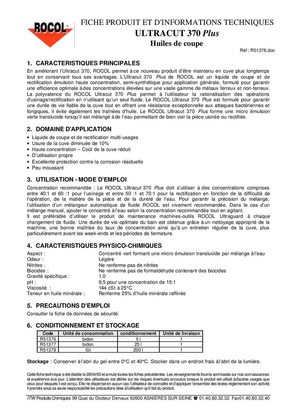 ROCOL ULTRACUT 370 PLUS fiche produit