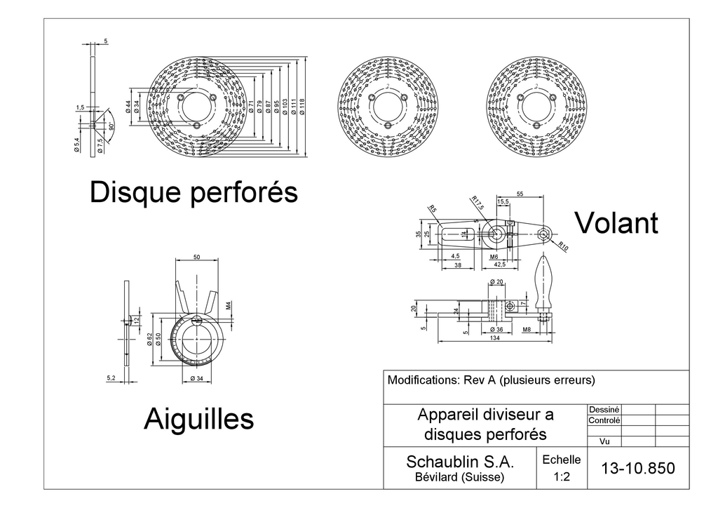 SCHAUBLIN Diviseur … disques … trous pour plateau circulaire Plans Rev A