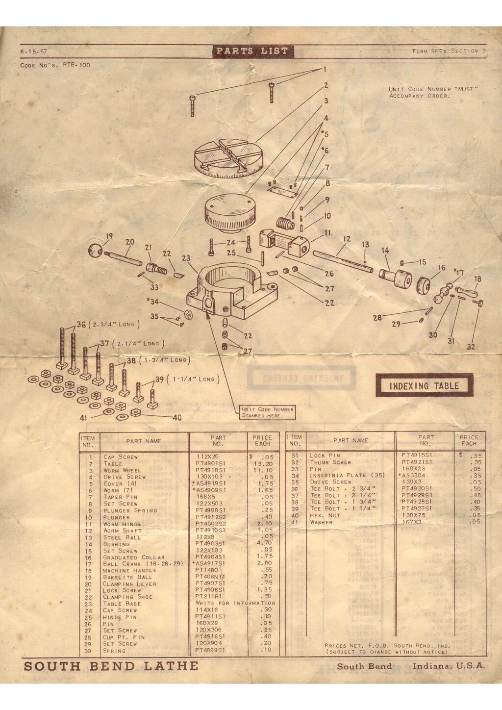 Southbend Rotary Table and Indexing Centers Parts List