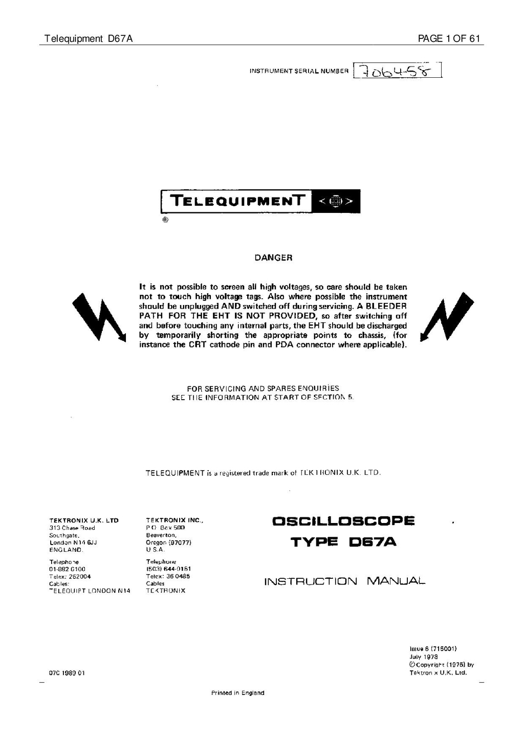 Telequipment Oscilloscope type D67A