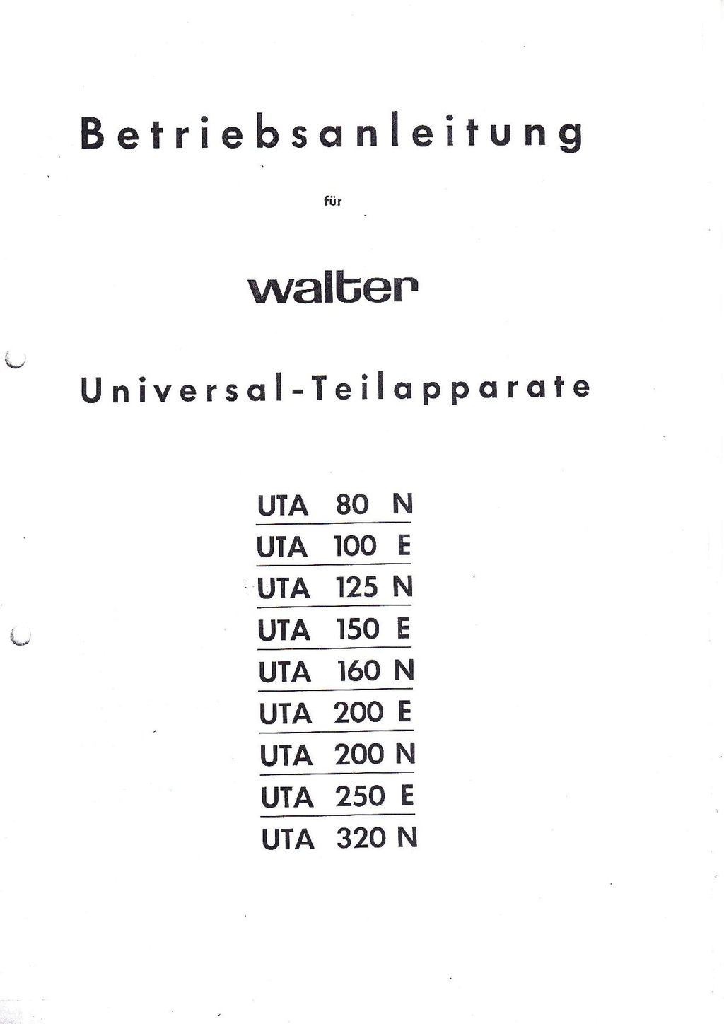 Walter UTA Bedienungsanleitung und Teiltabelle