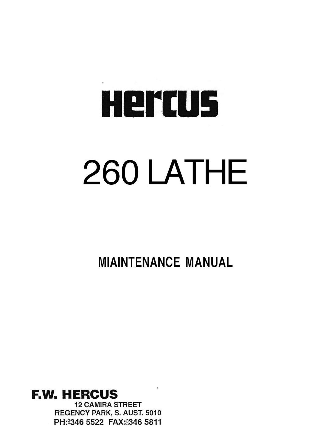 Hercus 260 Lathe Maintenance Manual